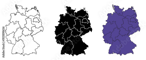 A set of vector maps of Germany with prefecture boundaries in three styles.