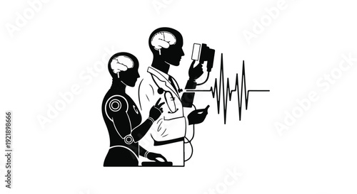 Doctor and robot analyzing medical data on tablet