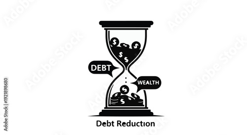 Debt reduction concept with hourglass and coins