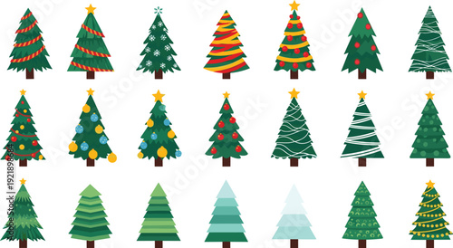 Set of decorated Christmas trees, flat vector illustration for holiday celebration design, festive winter decoration elements isolated collection bundle