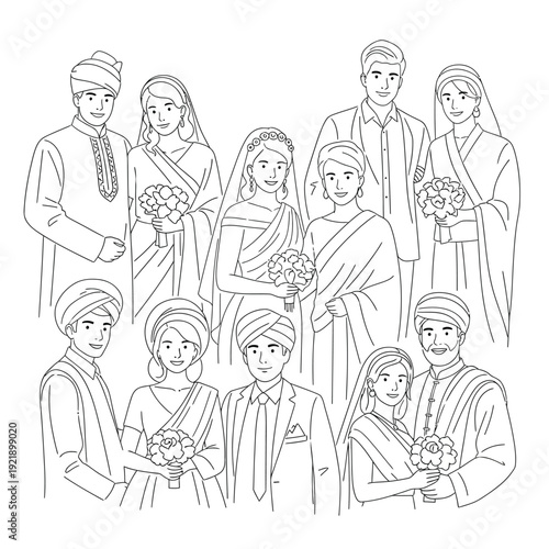 Indian wedding family portrait with bride and groom in traditional attire