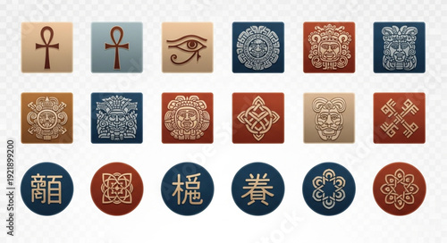 Collection of ancient Egyptian symbols and hieroglyphs on square and circular backgrounds.