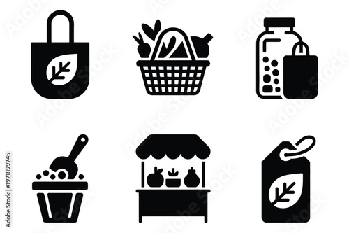 Organic Food Market Icons: Healthy Shopping & Local Produce