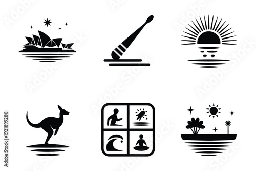 Set of Australian Icons: Opera House, Kangaroo, Surfing