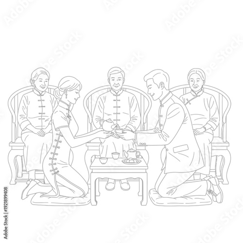 Couple exchanging vows in traditional attire kneeling before elders in ornate chairs, illustration depicting a cultural ceremony from a front viewpoint