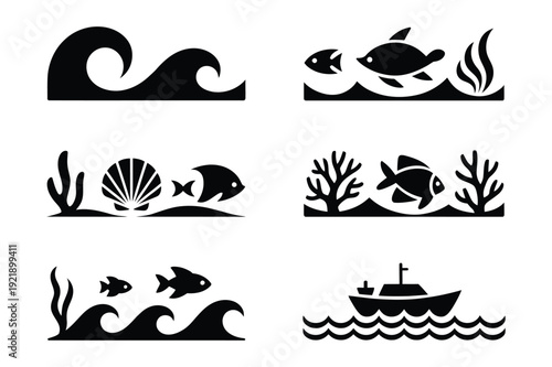 Marine life and ocean icons: waves, fish, coral, and boat