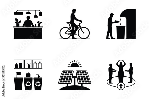 Eco-friendly lifestyle icons: cycling, solar, recycling, and clean living