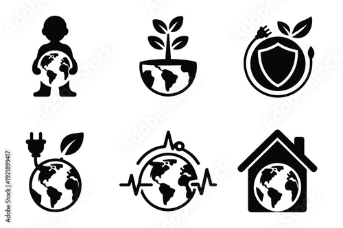 Global sustainability icons: earth care, eco-friendly living, and green energy
