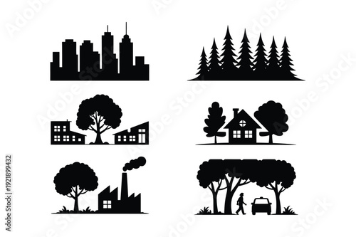 City and nature icons: skyline, forest, houses, and trees