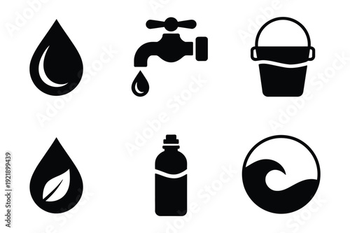 Water resource icons: drop, faucet, bucket, bottle, and ocean wave