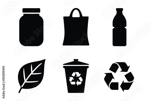Recycling and waste management icons: bottle, bag, leaf, and trash