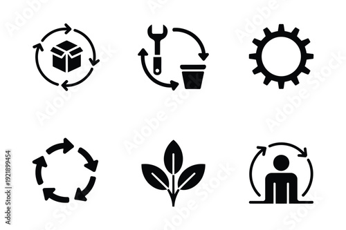 Recycling and process icons: circular arrows, gear, and people
