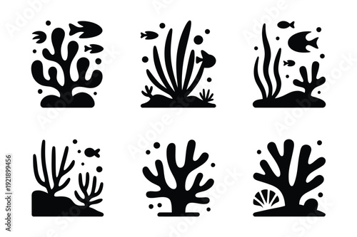 Black and white coral reef icons and underwater plants, simple flat design
