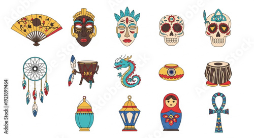 Collection of diverse cultural artifacts and symbols.