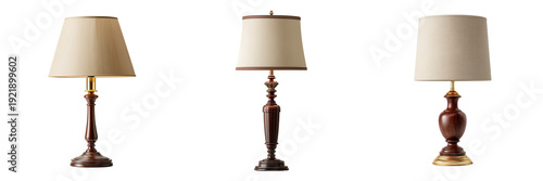 Set of Modern brass and beige table lamp with pleated fabric shade, dark wooden base on transparent png background. Ai generated