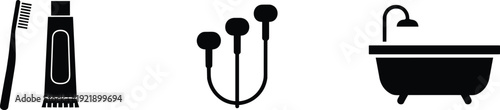 Bathroom hygiene icons set, toothbrush toothpaste earphones bathtub symbols, daily personal care concept, household sanitation equipment, isolated black vector illustration
