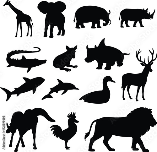 Wild animals silhouettes set, jungle safari wildlife collection, mammals reptiles birds fish icons, nature fauna concept, isolated black vector illustration