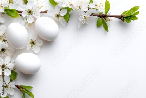 White Easter eggs and spring blossom flowers on white background. Elegant floral flat lay with copy space. Seasonal holiday banner