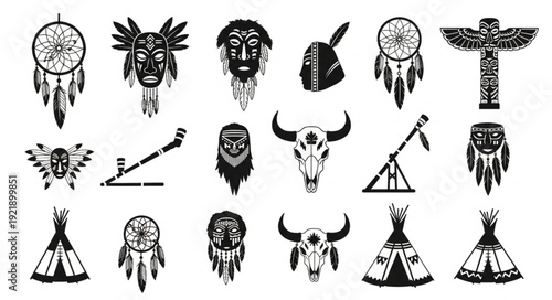 Native American Tribal Symbols Collection Vector Illustration.