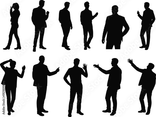 Business people silhouettes set, men women corporate communication poses collection, professional office teamwork concept, leadership presentation characters, isolated vector illustration