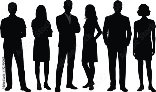 Business people silhouettes set, men women standing corporate poses collection, professional teamwork concept, office lifestyle characters, isolated vector illustration