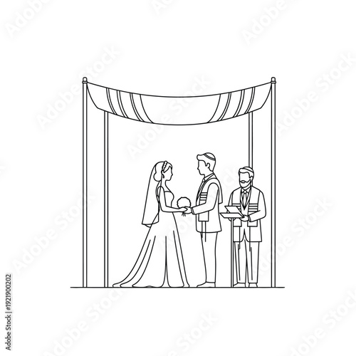 Jewish marriage ceremony line illustration under traditional chuppah canopy vector