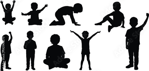 Children silhouettes set, kids playing sitting standing poses collection, childhood activity concept, happy little boys characters, isolated young people vector illustration