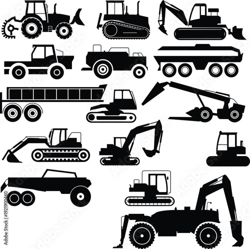 Construction vehicles silhouettes set, heavy equipment machines collection, excavator bulldozer dump truck icons, industrial transport illustration, engineering machinery silhouette vector