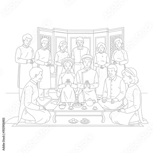 Abstract illustration of vietnamese family celebrating new year with tea ceremony tradition