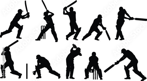 Cricket player silhouettes set, batsman batting action poses collection, sport competition concept, professional cricket match scenes, isolated athlete vector illustration