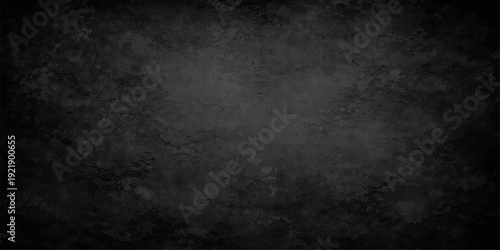 A dark black grunge concrete wall texture with a rough aged stone surface and dirty vintage paper effect creates a gritty blank backdrop design