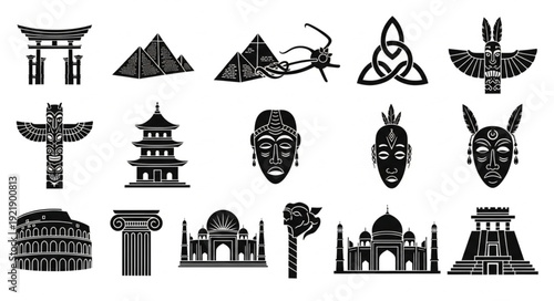 Collection of Famous Landmarks and Cultural Symbols Icons.