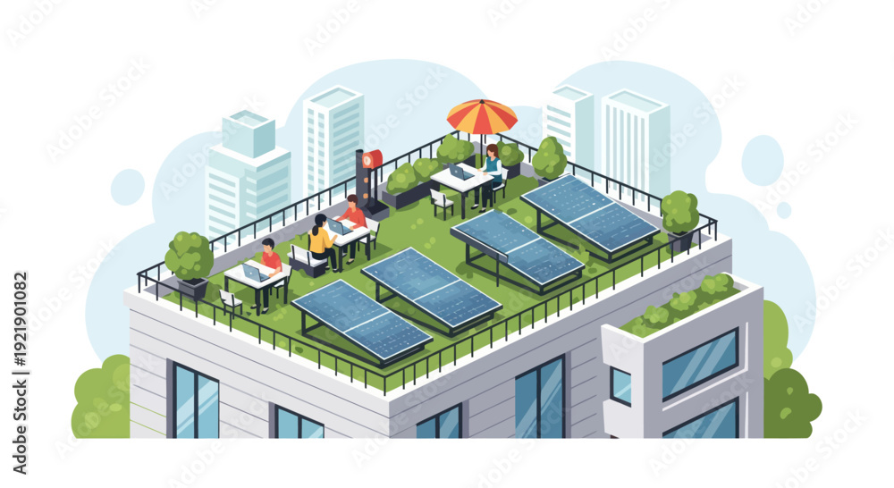 Obraz premium Rooftop Garden with Solar Panels, People Working Outdoors