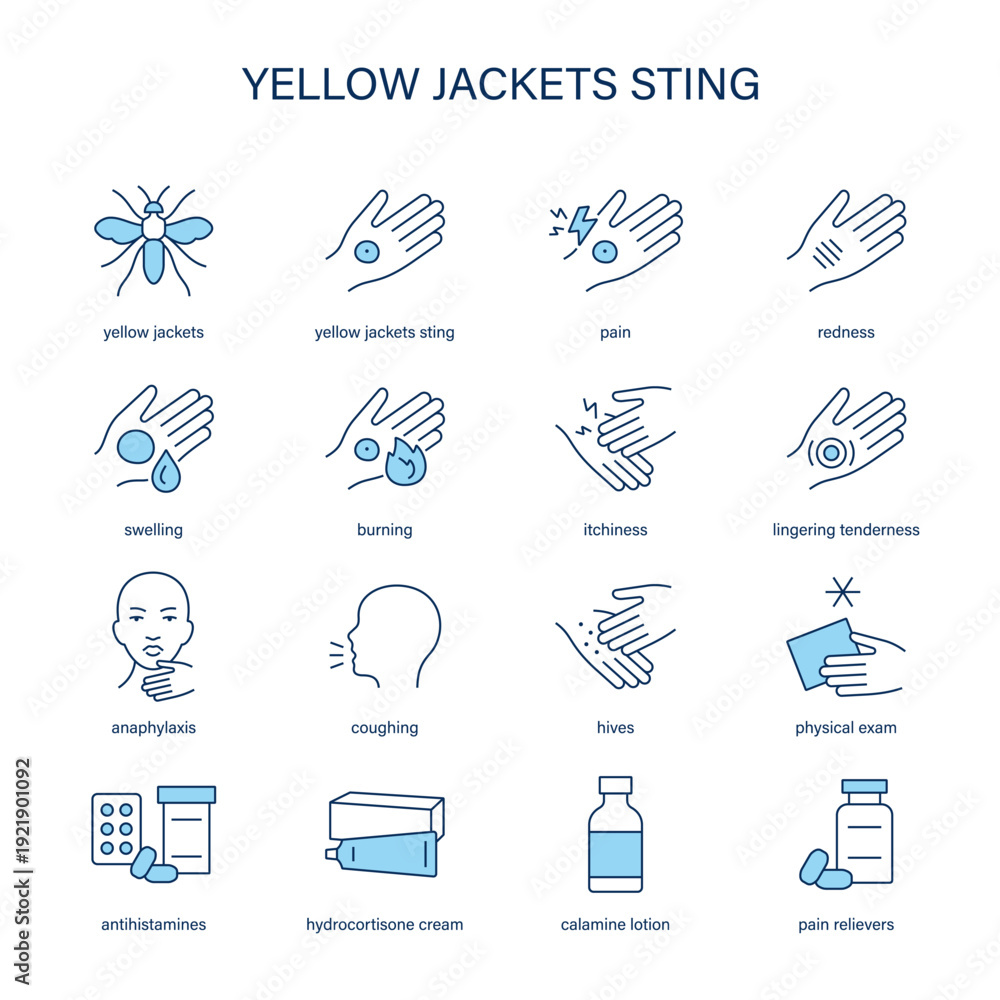 Behang Yellow Jacket Sting symptoms, diagnostic and treatment vector icon set