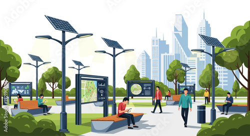 Smart City Park with Solar Lights, Digital Displays & People Using Phones