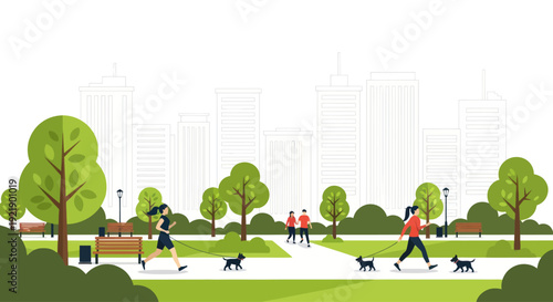 People walking dogs and jogging in a city park with skyscrapers background