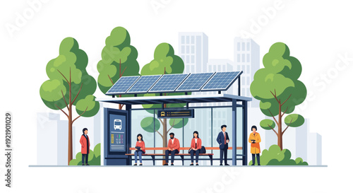 Eco-friendly bus stop with solar panels, people waiting for public transport