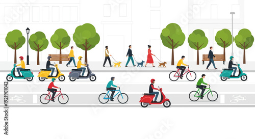 Urban Street Scene with People, Bicycles, Scooters, and Dogs Walking
