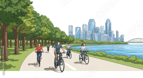 People cycling on a scenic park path with city skyline and lake in background