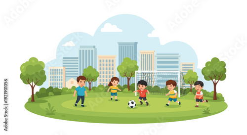 Children Playing Soccer in City Park