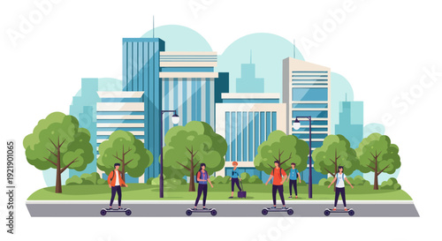 City park with people on scooters and modern buildings in background