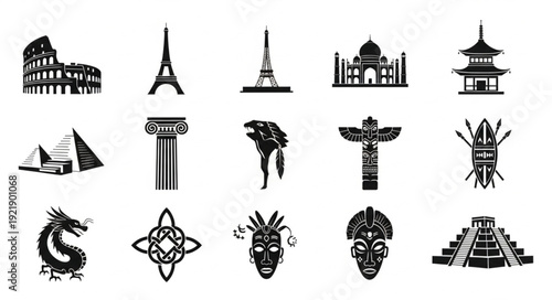 Collection of famous world landmarks and cultural symbols.