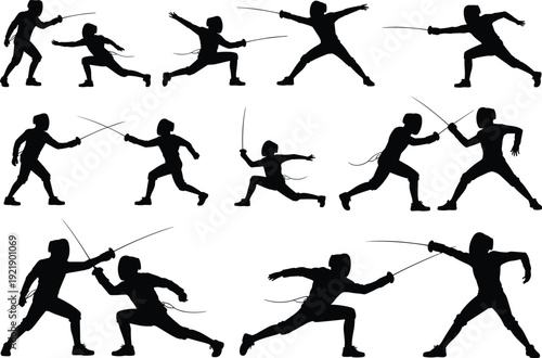 Fencing athlete silhouettes set, sword fighting sport action poses collection, duel competition concept, professional fencer movements, isolated vector illustration