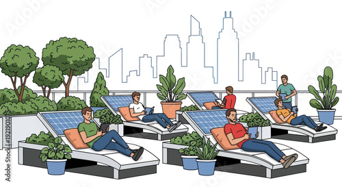 Rooftop Garden Oasis with Solar Panels and People Relaxing in Cityscape