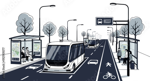 Autonomous Bus Fleet on Futuristic City Street with Smart Bus Stops and Pedestrian/Bike Lanes