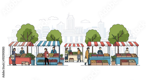 Outdoor Farmers Market Scene with Stalls, People, and Fresh Produce