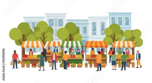 Diverse crowd shopping at outdoor farmer's market with fresh produce and stalls