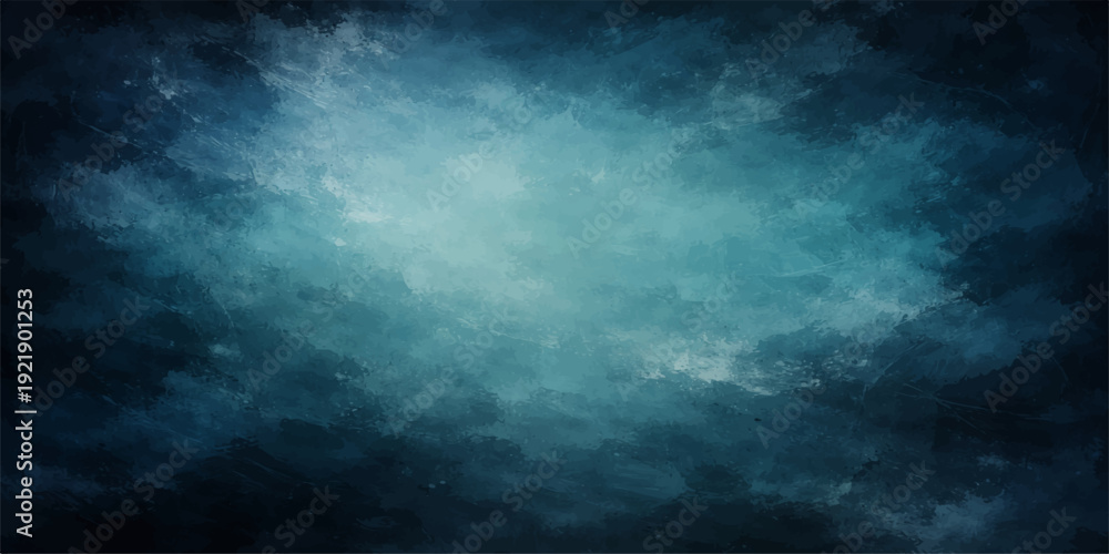 Fototapeta premium An abstract blue background blends nature and space, featuring a cloudy sky with a bright sun, misty fog, and a dark ocean texture