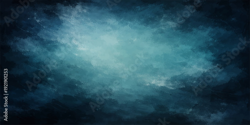An abstract blue background blends nature and space, featuring a cloudy sky with a bright sun, misty fog, and a dark ocean texture