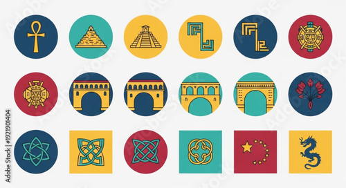 Collection of Ancient Symbols and Architecture Icons.